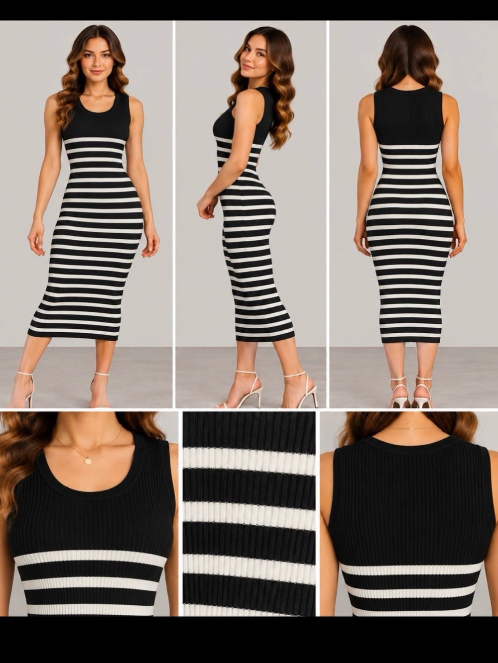Sleeveless Black and White Striped Midi Dress by woman size M